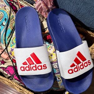 Adidas Navy and White Slides with Red Logo
